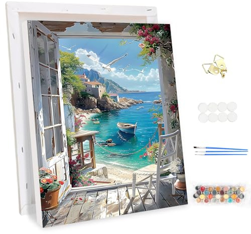 MEIYUDA Pintar por Numeros Adultos con Marco Paisaje, DIY Cuadro al óleo con Números para Barco, Kit de Pintura al óleo Digital para Adultos de Lienzo, Decoración para el Hogar 30x40cm