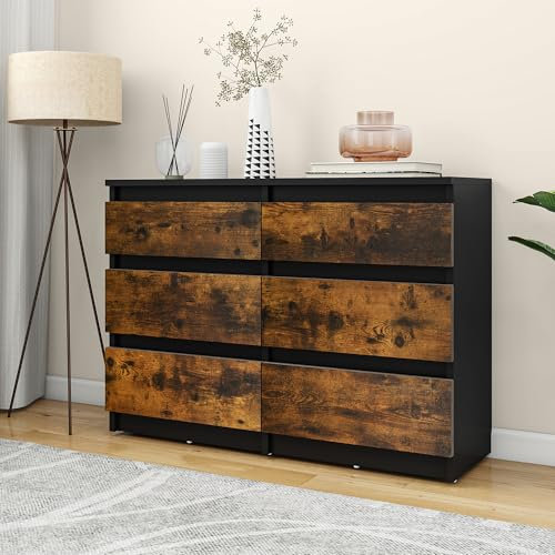 YITAHOME Kommode Schlafzimmer, Schlafzimmermöbel, Kommode aus Holz, 6 Schubladen mit Laufschienen, Schlafzimmeraufbewahrung, moderner Schlafzimmerschrank, 100 x 30 x 70 cm (Schwarz Rustikal Braun)