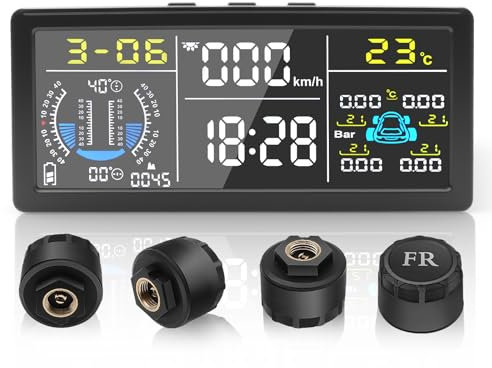 Liwogi Upgraded Solar Powered Tire Pressure Monitoring System 0-199Psi/9.9Bar With Slope, Altitude, Speed Detection Function, Car Tyre Pressure Monitor with 4 Wireless Sensor for Caravan Van SUV RVs
