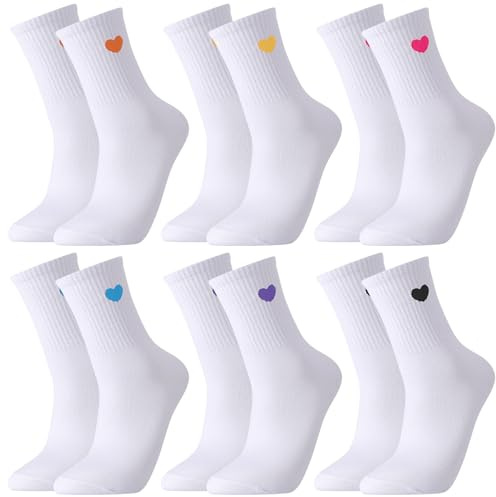 Zuimei 6 Pairs White Socks Women, Breathable Girl Ladies Socks Heart Pattern, Cotton Tennis Sock Ankle Crew Sock Multipack for Sport Gym, Size 6-9