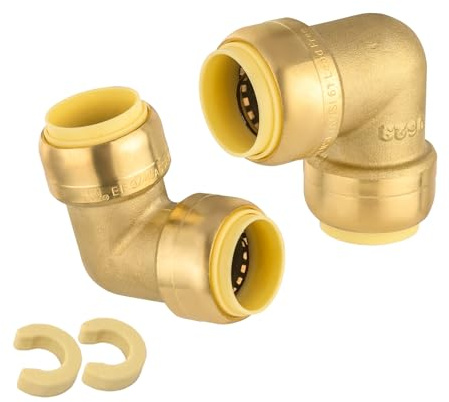 (2 Pack) Foskan 3/4 x 3/4 90 Degree Brass Elbow, Push-to-Connect Pex, Copper and CPVC Pipes, Push Fit Fittings Includes Removal Clip