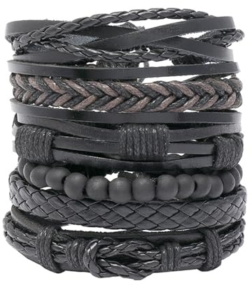 QKEOISUD 6Pcs Braided Leather Bracelets for Men Women Wood Beads Bracelet, Retro Punk Stackable Handmade Leather DIY 6-Piece Set with Adjustable Men's Bracelet,Rock Party Daily Costume Jewelry Set