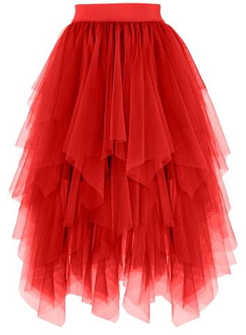 PUKAVT Tulle Skirts for Women High Waist Elastic Midi Skirt A-line Irregular Layered Mesh Tutu Skirts Red XXL