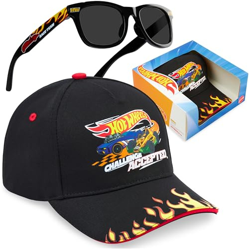 Hot Wheels Gorra y Gafas de Sol Niño 2-6 Años, Set Infantil de Verano con Protección Solar UV, Gorra con Gafas Sol, Regalo para Niños (Negro Hot Wheels)