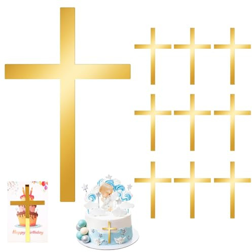 Nexlynk 10 st tårtdekorationer i guldkors, 9,8 x 15 cm tårtdekorationer i akrylkors för dop, första kommunionen, kristning, tårtdekorationer för babyshower och tillbehör till födelsedagsfest