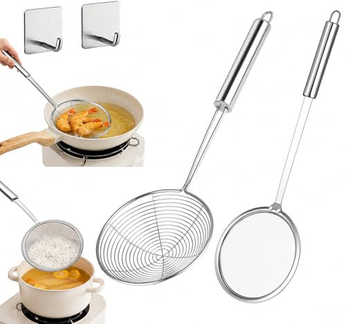 yolzhxe 2 Pièces Ecumoire Cuisine Inox, Suspension Écumoire Araignée Cuisine avec 2 Crochets, Cuillère Passoire avec une Longue Poignée pour la Cuisson, la Friture, la Cuisson des Résidus D'huile