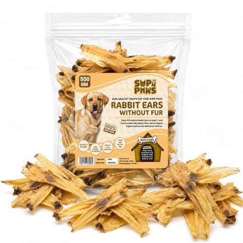 500g Rabbit Ears without Fur for Dogs (28-35 Crunchy Ears) 100% Natural Raw Dog Treat Hypoallergenic Pet Treats for Puppy Senior Chews for Dogs Healthy Digestive Grain Gluten Free Dog Snacks Food