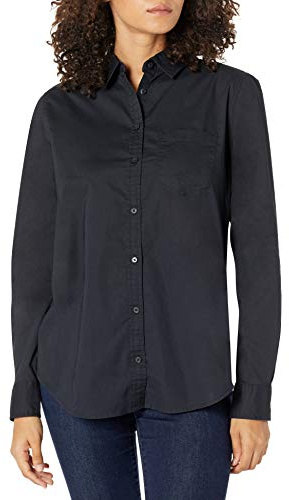 Amazon Essentials Chemise Boutonnée en Popeline à Manches Longues, Coupe Classique Femme, Noir, XXL
