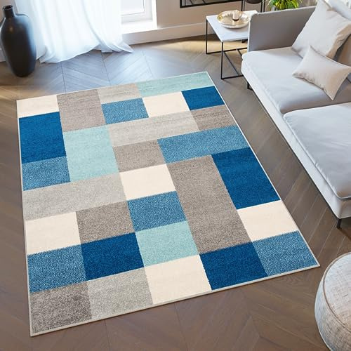 TAPISO Lazur Tappeto Soggiorno Pelo Corto Design Moderno Motivo Geometrico Astratto Quadrati Mosaico Grigio Blu Cameretta Stanza Ragazzi Salotto Camera Oeko-Tex 140 x 190 cm