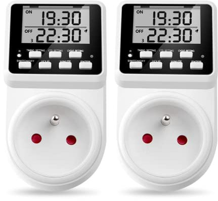 NOVKIT Prise Programmable numérique et programmateur Prise Electrique à Cycle Alternatif et répétitif Prise Minuteur Compte à rebours (2), Noir, Blanc
