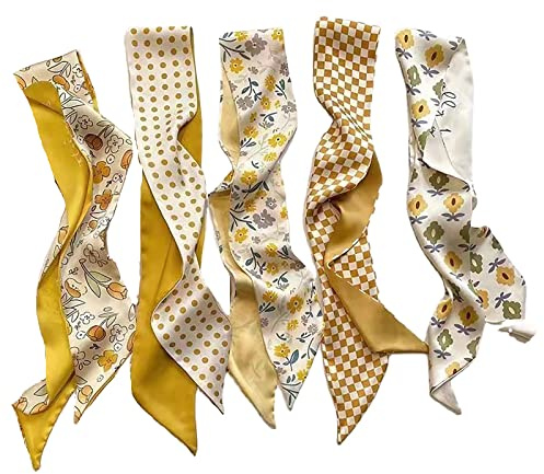Retro small silk scarf girl heart spring and summer narrow ribbon headband headband bag decoration long scarf headdress (Yellow Hair Band 5pcs)
