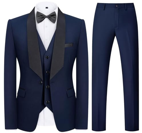 KUDMOL Mens Suit 3 Piece Tuxedo One Button Blazer Vest Trousers Set Navy