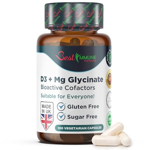 Vitamin D3 1000 IE, magnesiumglycinat 400 mg, bioaktiva kofaktorer, premiumkvalitet, naturprodukt, idealisk styrka, 100 vegetariska kapslar, högsta biotillgänglighet