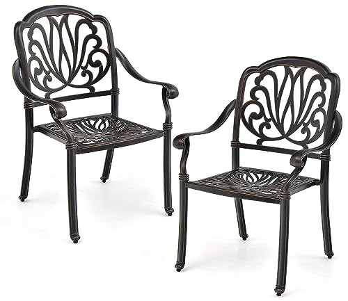 GIANTEX 2er stapelbare Gartenstühle, wetterfester Stapelstuhl aus Aluminiumguss, Terrassenstuhl mit Armlehnen für Garten, Hof & Balkon, 66 x 62 x 93 cm, belastbar bis 150kg (Bronze)