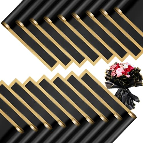 woric - 25 Hojas de Papel de Regalo de Flores, Negro con Borde Dorado, Impermeable, para Ramo de Flores y Regalos, Graduación, Boda, Cumpleaños, Aniversario