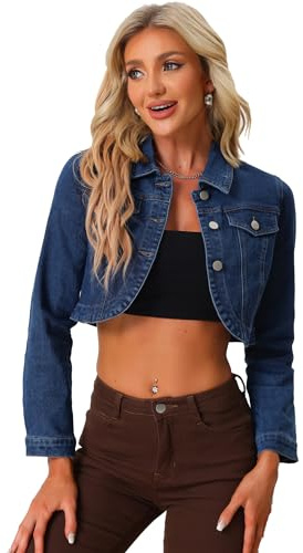 Allegra K Blouson Court en Jean pour Femme Veste en Jean avec Col Boutonné et Manches Longues Boléro en Denim Bleu foncé S