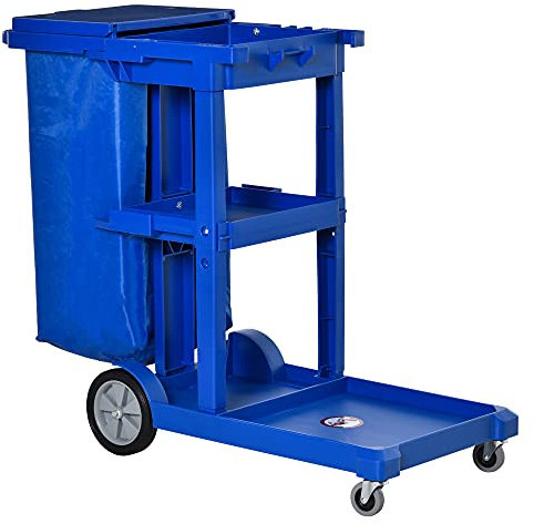 HOMCOM Cleaning Carts On Wheels, Janitorial Trolley with 3 Tier Shelves, Housekeeping Utility Service Unit with Rubbish Bag and Mop Mount for Hotel, Office, Blue