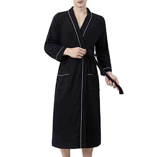 BWQZXES Men Bathrobe Kimono Cardigan Long Sleeved Robes Lightweight Unisex Spa Sauna Robe Loungewear Black-L