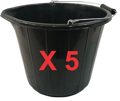 RelianceUK 5 X 14L Black Plastic Builders Bucket with Metal Handles – Heavy Duty Large Bucket for Garden Use, Carwash, Cement Mixing, Water Storage & Buckets for Car Washing