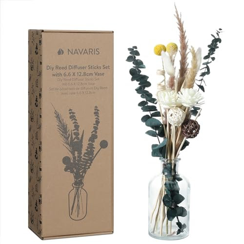 Navaris DIY Reed Diffuser Sticks Set - Customisable Room Freshener & Home Fragrance Kit - Home Scent Diffusers Ideal for Living Room, Bedroom, Bathroom - With 6.6 x 12.8cm Vase