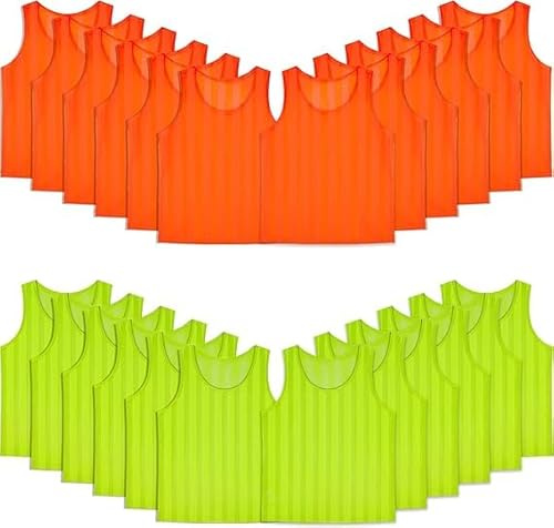 Malloom 24 Stück Fußball Leibchen für Erwachsene, ohne Logo Trainingsleibchen Fussball Leibchen Kinder Erwachsene, Team-Spiel Bibs für Fußball, Basketball, Volleyball - Grün & Orange