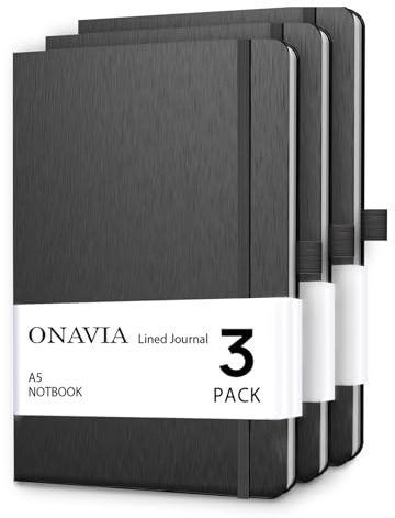 ONAVIA Carnet de Notes A5 Classique Papier Ligné, Journal Couverture Rigide et Fermeture par Elastique, 160 Pages et 80 g/m² Paquet de 3 (Noir)