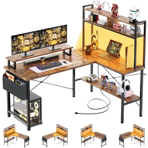 iSunirm Bureau Gaming en Forme de L,125x90x75cm Bureaux à Domicile avec LED et Prises,Table en L avec Sac de Rangement et Crochet pour Le Travail à Domicile et Gaming,Marron