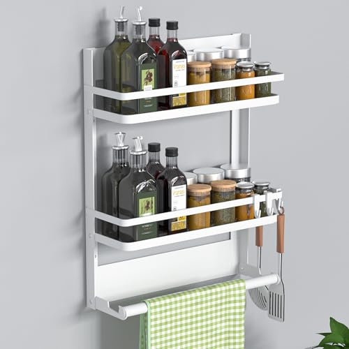 DUNSOO Porta Spezie per Frigorifero e Cucina, Scaffale Portaspezie con Porta Rotolo e 4 Gancio, Mensola Salvaspazio per Corridoio, Bagno o Cucina, Forte e Bello, Pratico (Bianco)