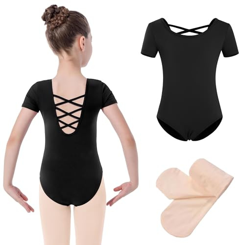 DANSHOW Girls Black Short Sleeve Ballet Leotard for Dance(5027-06-XXL)