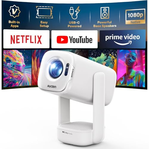 Aurzen D1 air Smart Portable Projector with WiFi and Bluetooth, USB-C Powered, Easy Auto Setup, 16W Dolby Audio, Built-in Apps, Native 1080P HDR10, Outdoor Movie Projector 4K Supported, White