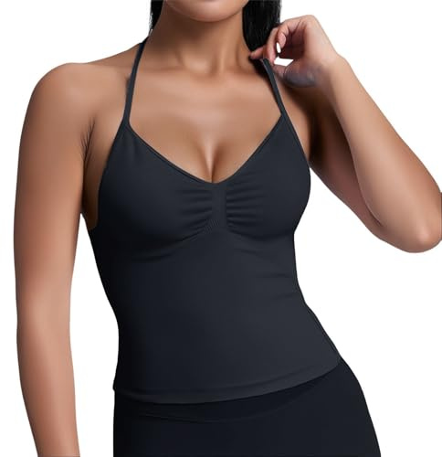 Soutien-Gorge de Sport Femme Débardeur sans Couture décolleté en V Sexy Gym sans Manches Hauts sans Dos Longs Halter Top Workout Sports Bra pour Fitness Course Jogging Yoga