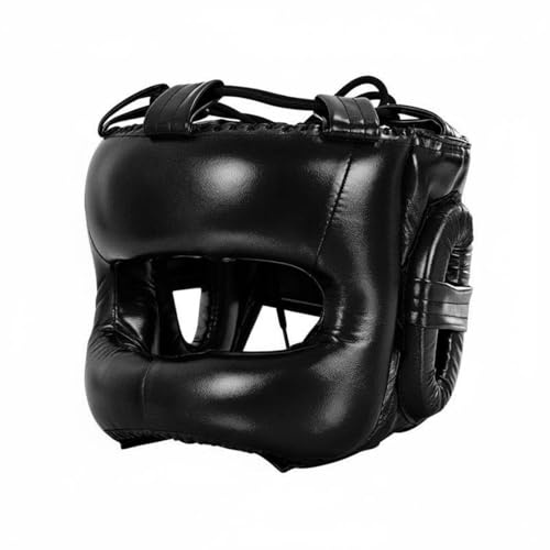 KQFCAZRE Casco da Pugilato Integrale Unisex Caschetto da Pugilato con Barra PU Antistrappo Protezione Testa Combattimento per Adulti, Atleti, Black