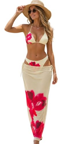 Xumplo Women 3-Piece Bikini Set Ladies Floral Halter Triangle Top and Bottom with Matching Tie Cover Up Swimming Costume Yellow - S