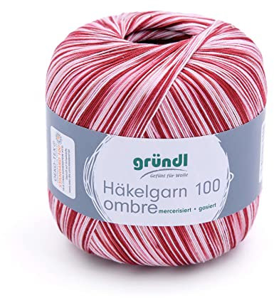 Gründl Häkelgarn 100 ombré (mercerisiertes Baumwollgarn zum Häkeln aus 100% Baumwolle, 100 g / 566 m), weinrot-weiß
