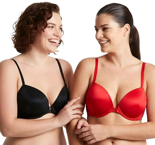 Curve Muse Push up da Donna Aggiungere 1 Tazza e Mezza, Capestro Davanti-Vicino, Reggiseni con Ferretto-Confezione da 2-Nero, Rosso-2B