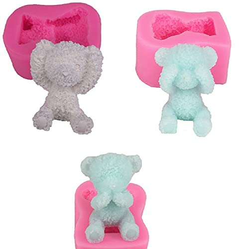 Xidmold Lot de 3 moules en silicone en forme d'ours en peluche 3D pour fabrication de bougies, savons et fondants, pour décoration de gâteaux, fondants, chocolats, fête prénatale, anniversaire