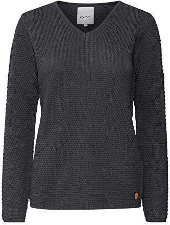 OXMO OXHanna Damen Strickpullover Feinstrick Pullover mit V-Ausschnitt 100% Baumwolle Regular fit, Größe:M, Farbe:Pewter (185203)