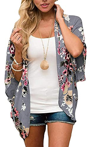 TBSCWYF Mujer Cárdigan Kimono Florales Manga 3/4 Gasa Boho Blusa Playa Encubrir Chaqueta Vacaciones Playa Chal