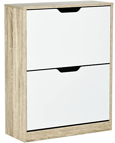 HOMCOM Zapatero Estrecho, 2 Puertas Abatibles, Zapatero Entrada Recibidor para 8 Pares de Zapatos, para Pasillo, Espacios Reducidos, 62,5x26x81 cm, Roble y Blanco