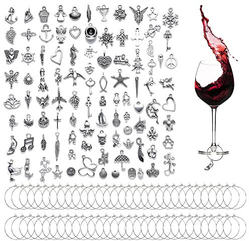 100 PCS Anelli in Vetro di Vino Charm per calici da vino Segnabicchieri Charms per Bicchiere di Vino Charms per Bicchieri da Vino con 50 PCS fibbia, per vino, cocktail, champagne, degustazione, feste