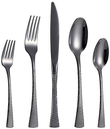CISAY Besteck Set für 6 Personen,30 Teilig Fischschuppen-Stil Edelstahl Essbesteck Set,Besteck inkl.Messer/Gabel/Löffel,Spiegelpoliert, Spülmaschinenfest (Schwarz)