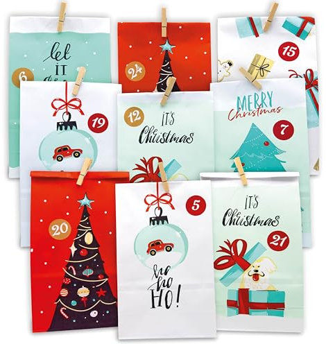 HAGEFOL® Adventskalender zum Befüllen, Extra Groß und Blickdicht, 24 Tüten+1, 24 Zahlen Kleber, 24+1 Holzklammern, Papiertüten selber befüllen, für Kinder, Weihnachtskalender 2025, 27,5cm x 15cm x 8cm