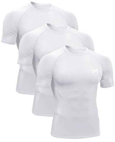 MEETYOO Hauts Compression de Running Homme,Maillot de Fitness Fonctionnel à Manches Courtes Maillot de Sport Homme Respirant Maillot de Course pour Sports Jogging Musculation,Blanc+Blanc+Blanc,M