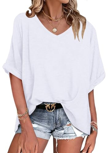 WNEEDU Camisetas Manga Corta Mujer Verano Blusas Cuello V Mujer tee | Shirt Suelto Oversized T shirt Top Verano Manga con Dobladillo Enrollado Casual Suave y Transpirable