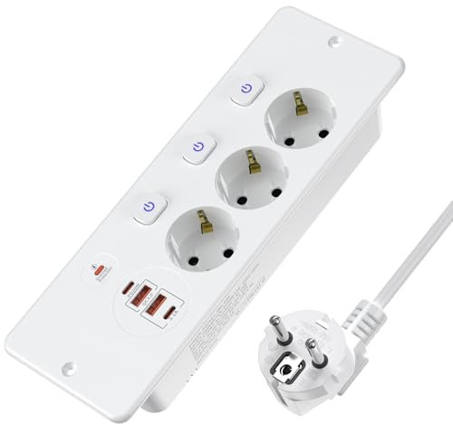 Einbausteckdose mit 4 USB, 3 Fach Tischsteckdose mit 3 Einzeln Schalter, Steckdosenleiste mit 2M Kabel, Versenkbare Steckdose mit 2 USB A+2 USB C, Steckdose für küche Tischplatte, Weiß