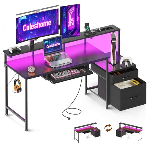 Coleshome Gaming Tisch mit LED, 140x48cm Schreibtisch mit Stoff Schubladen Computertisch mit 2 Steckdosen&2 USB Anschlüssen, Gaming Schreibtisch mit Monitorständer für Home Office, Schwarz