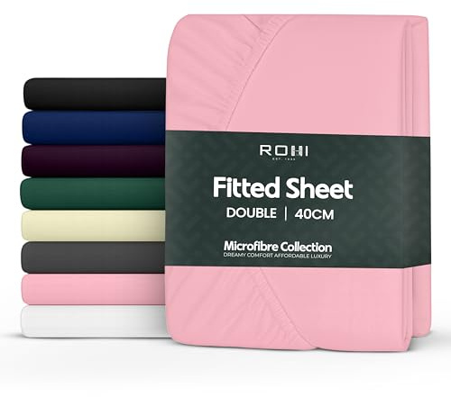 Rohi Double Bed Fitted Sheet 100% Microfibre – 16'' (40cm) Extra Deep Fitted Sheet with Elasticated Corners – Ultra Soft, Hypoallergenic & Durable Bed Sheet – Bottom Sheet (Pink – 137 x 190cm)