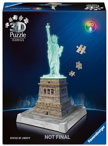 Ravensburger - Puzzle 3d Iconics Statua Della Libertà LED | Puzzle 3d Per Adulti E Bambini A Partire Dagli 8 Anni | Modellismo Da Costruire Adulti Di 108 Pezzi | Regalo Bambino 8 Anni E Più