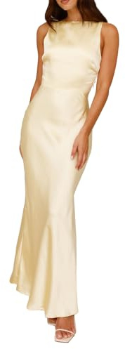 Summer Satin Maxi Dresses for Women 2025 Elegant Classy Silk Formal Sleeveless Open Back Spaghetti Strap Wedding Guest Dress Yellow