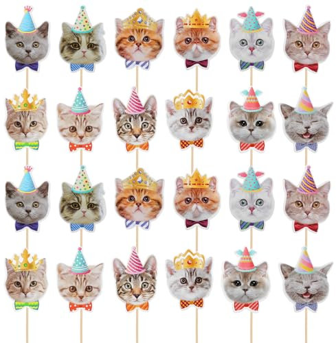 24 topper per torta a tema gatto, per compleanno di ragazze, simpatiche bomboniere per feste a tema gatto, decorazioni per feste di compleanno, decorazioni per feste di gatto, topper per cupcake e